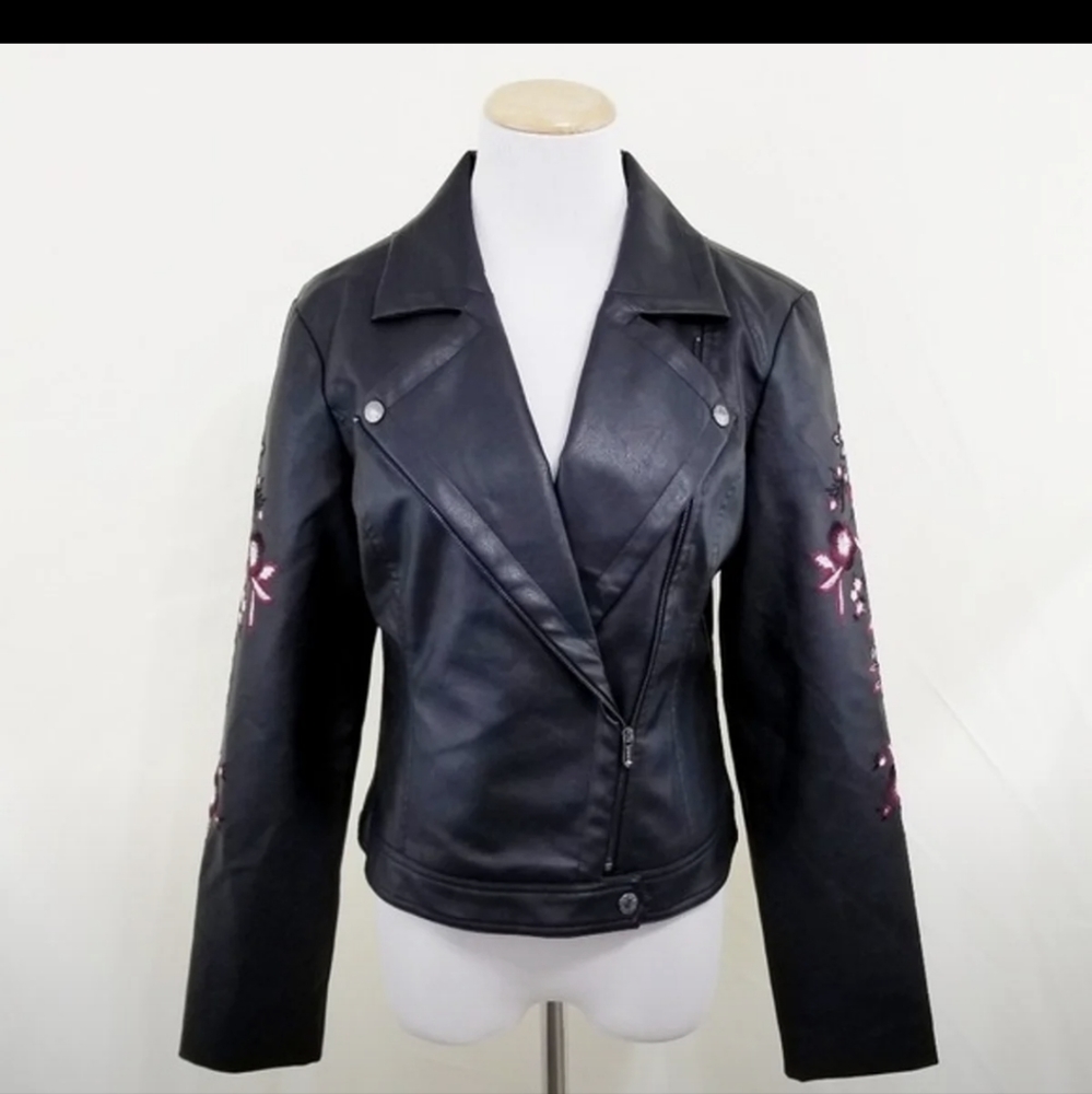 Guess Black Leather Jacket with Pink Floral Embroidery